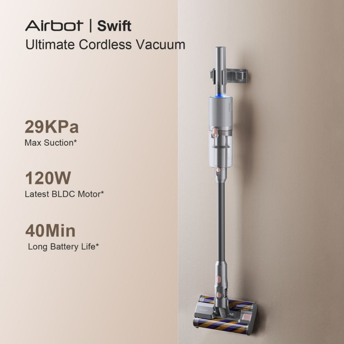 Airbot Swift Dual Roller vacuum cordless vacuum cleaner mounted on wall with 29KPa suction and 40min battery