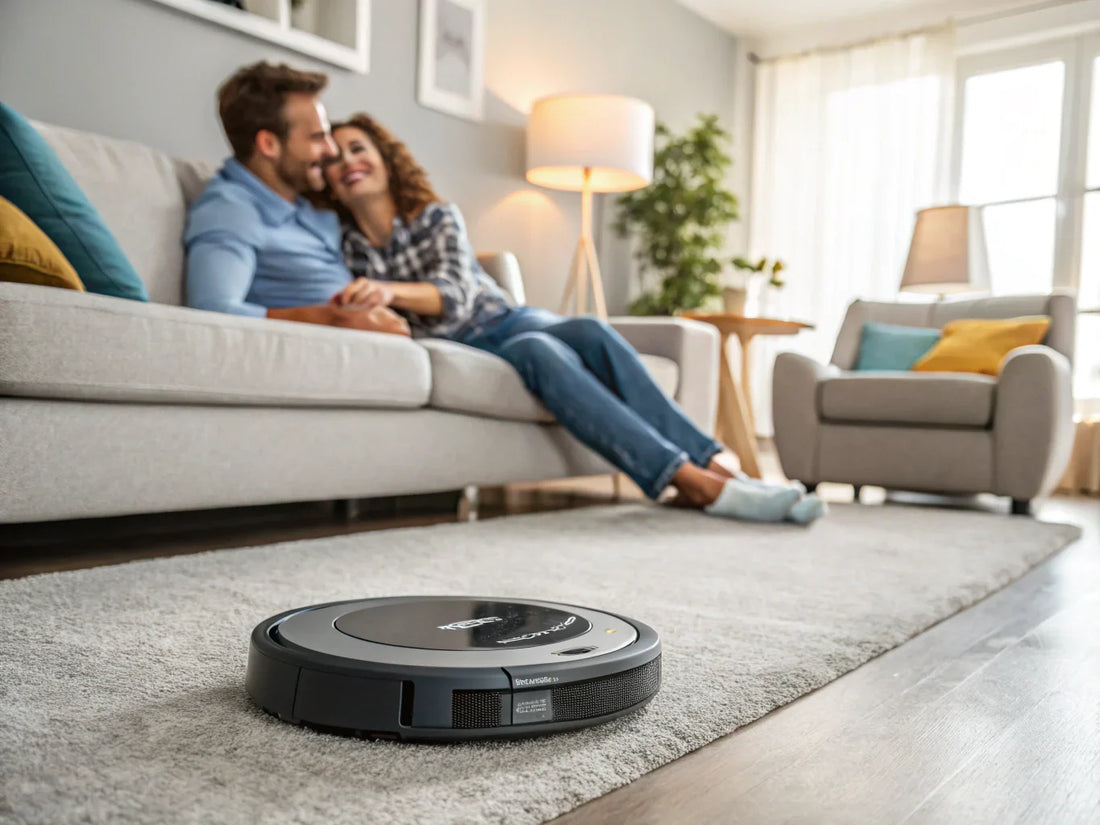 couple enjoying time in living room while robot cleans
