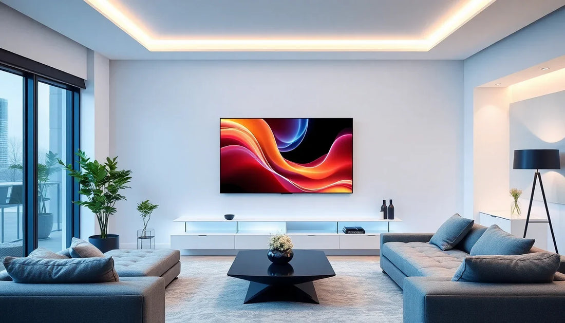 Modern living room featuring a wall-mounted smart TV showcasing the best smart TV deals Singapore 2025