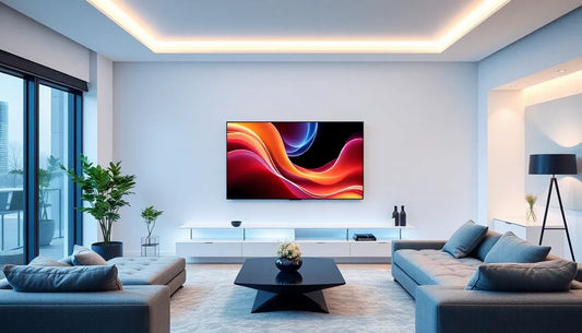 Modern living room featuring a wall-mounted smart TV showcasing the best smart TV deals Singapore 2025