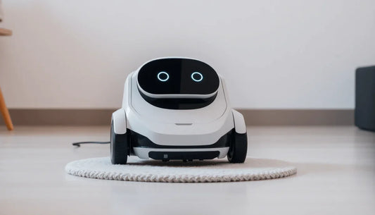 Modern white robot cleaner on round rug illustrating robot cleaner technology benefits in home cleaning