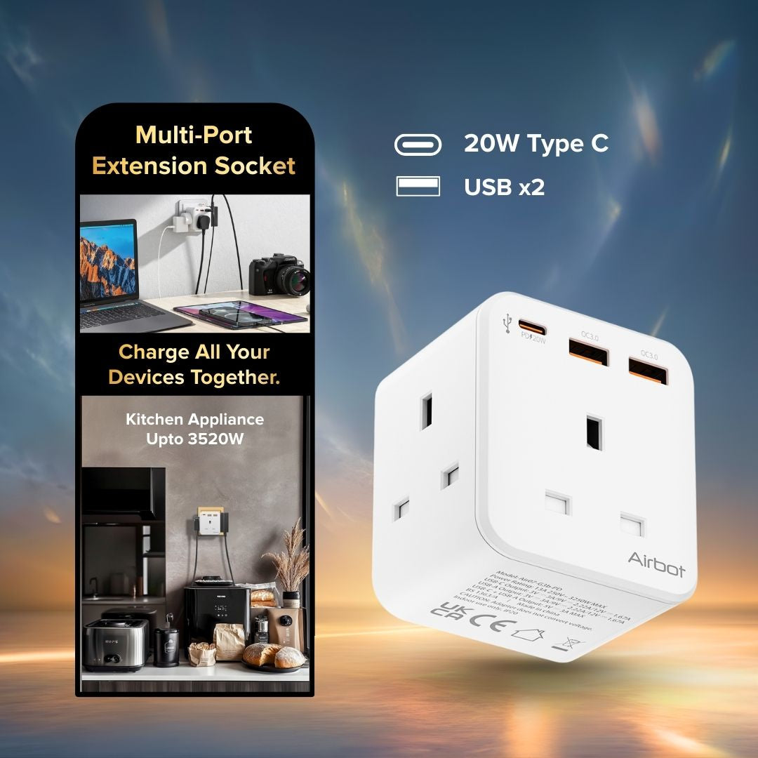 Airbot 3B-PD Extension Socket 3250W 3 Outlets Socket Multi Power Adaptor with USB + Type-C PD