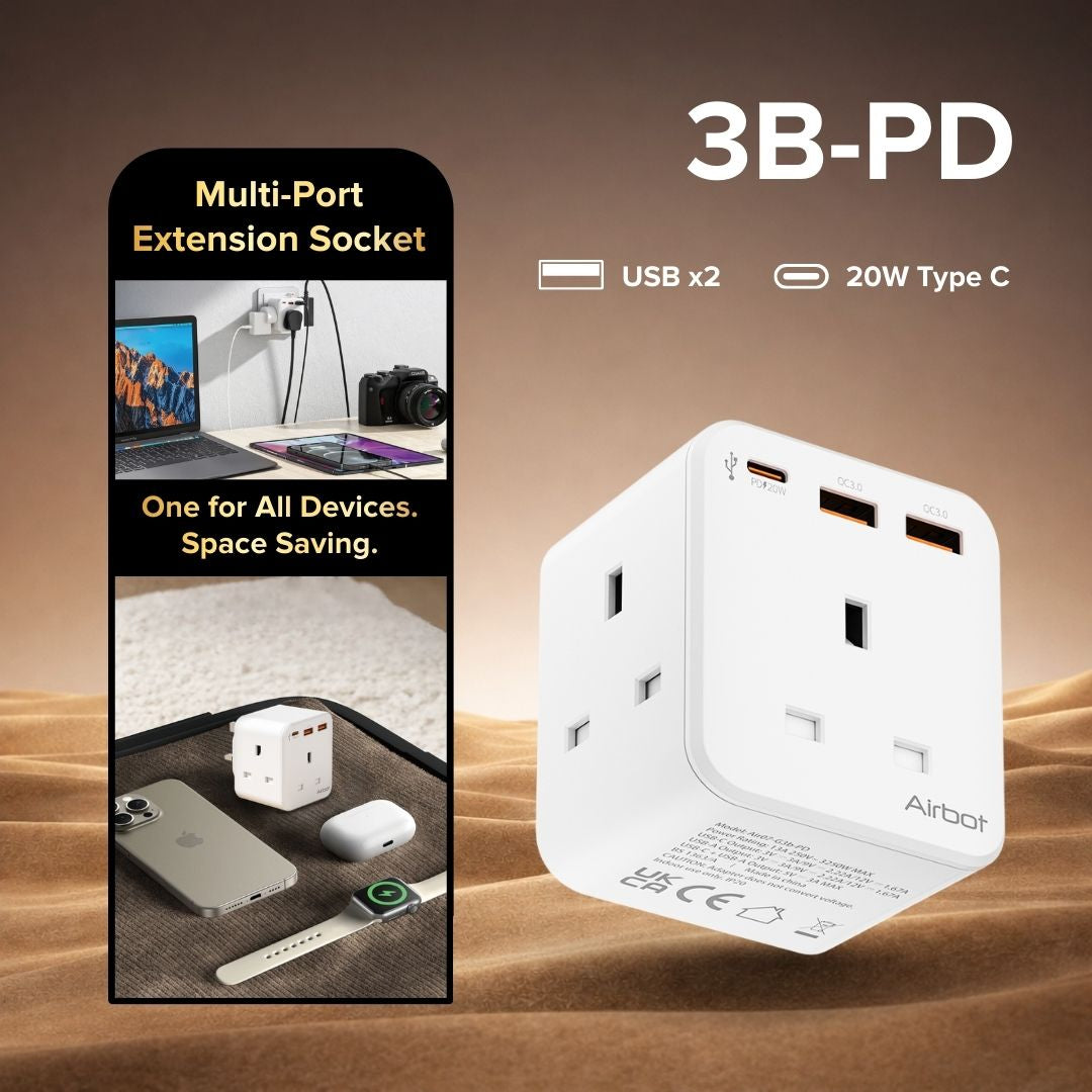 Airbot 3B-PD Extension Socket 3250W 3 Outlets Socket Multi Power Adaptor with USB + Type-C PD