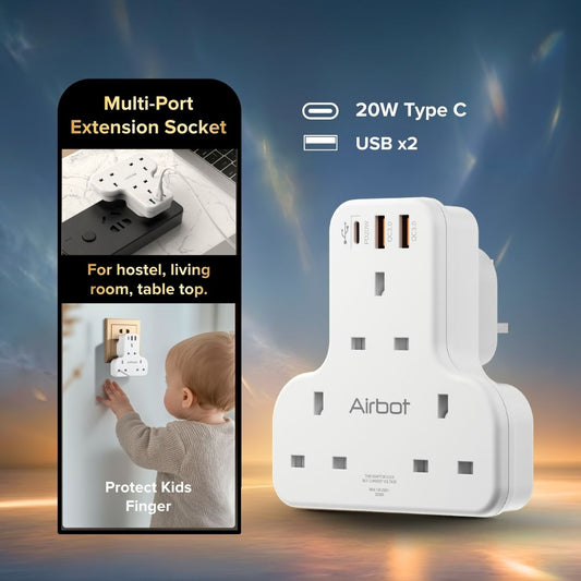 Airbot 3C-PD Multi Extension Socket 3250W 3 Way Socket Multi Power Adaptor with USB + Type-C PD