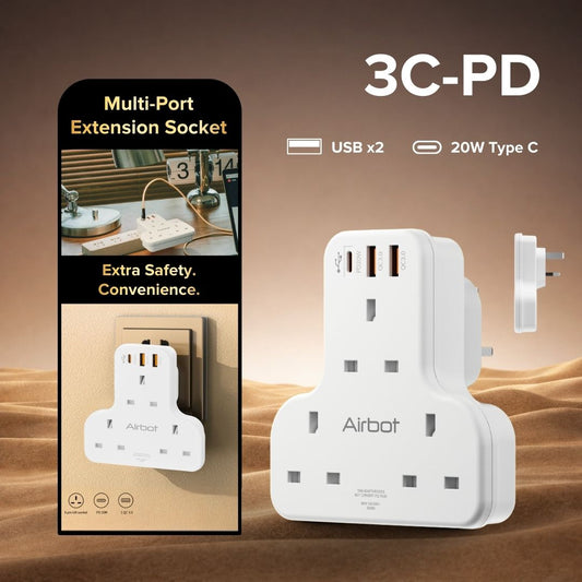 Airbot 3C-PD Multi Extension Socket 3250W 3 Way Socket Multi Power Adaptor with USB + Type-C PD