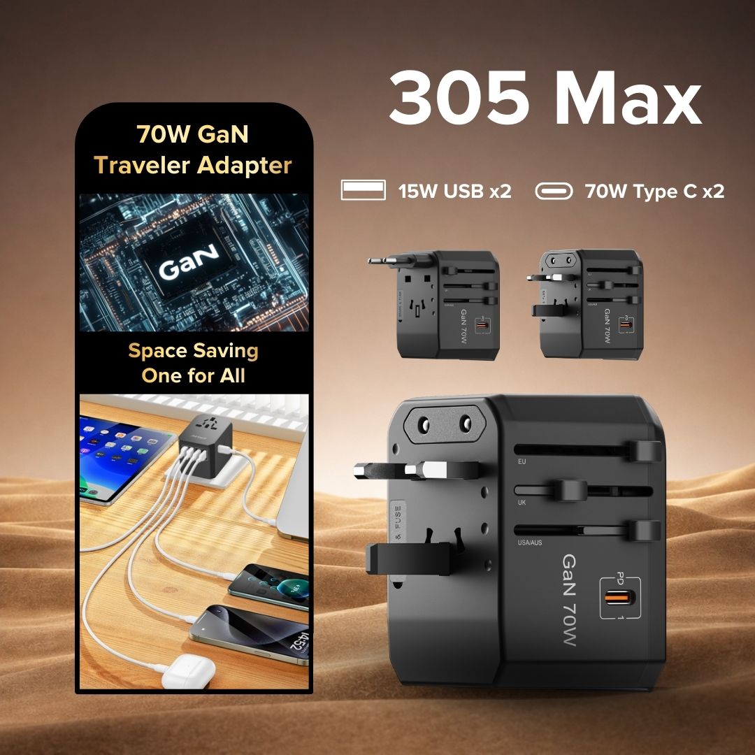 Airbot Air 305-MAX Universal Travel Adapter GaN 70W International Worldwide USB + Type-C PD