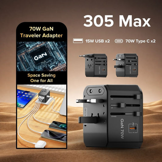 Airbot Air 305-MAX Universal Travel Adapter GaN 70W International Worldwide USB + Type-C PD