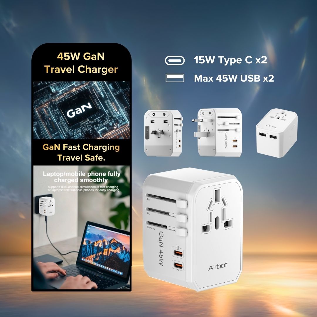 Airbot Air 308-MAX Universal Travel Adapter GaN 45W International Worldwide Multi Adapter with USB + Type-C PD