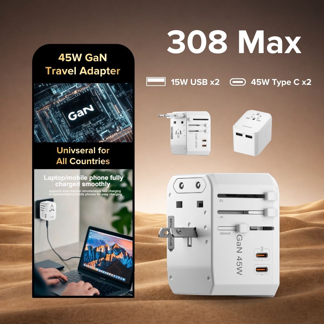 Airbot Air 308-MAX Universal Travel Adapter GaN 45W International Worldwide Multi Adapter with USB + Type-C PD
