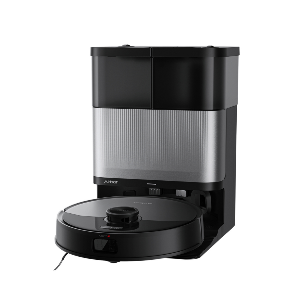 Black and silver robot vacuum cleaner on a white background