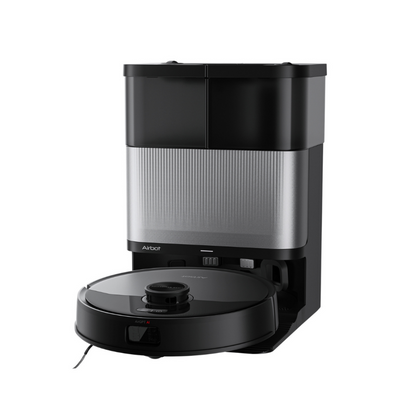 Black and silver robot vacuum cleaner on a white background