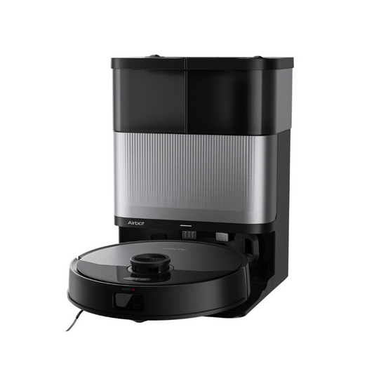 Black and silver robot vacuum cleaner on a white background