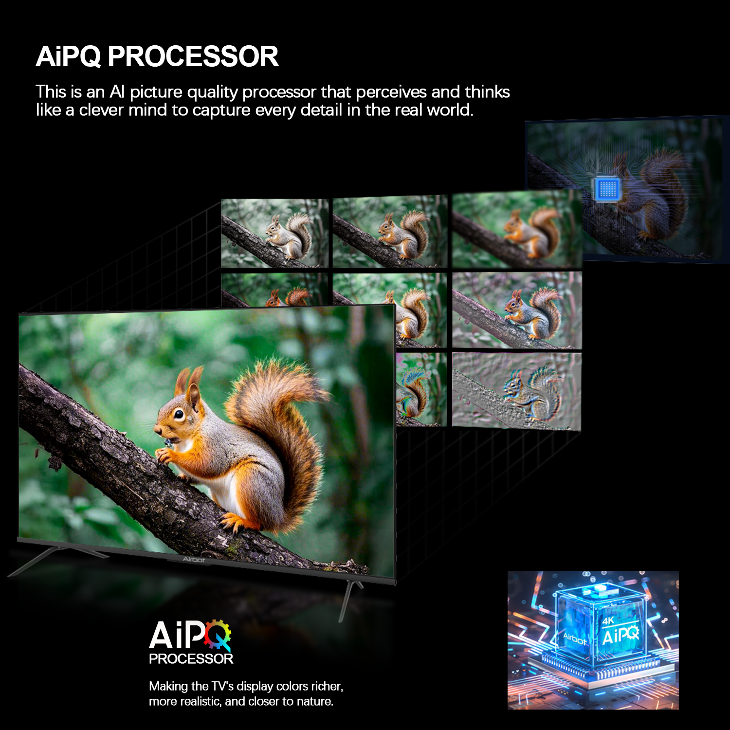 Airbot Singapore 4K mini LED TV Singapore featuring AiPQ processor enhancing picture quality with detailed squirrel image