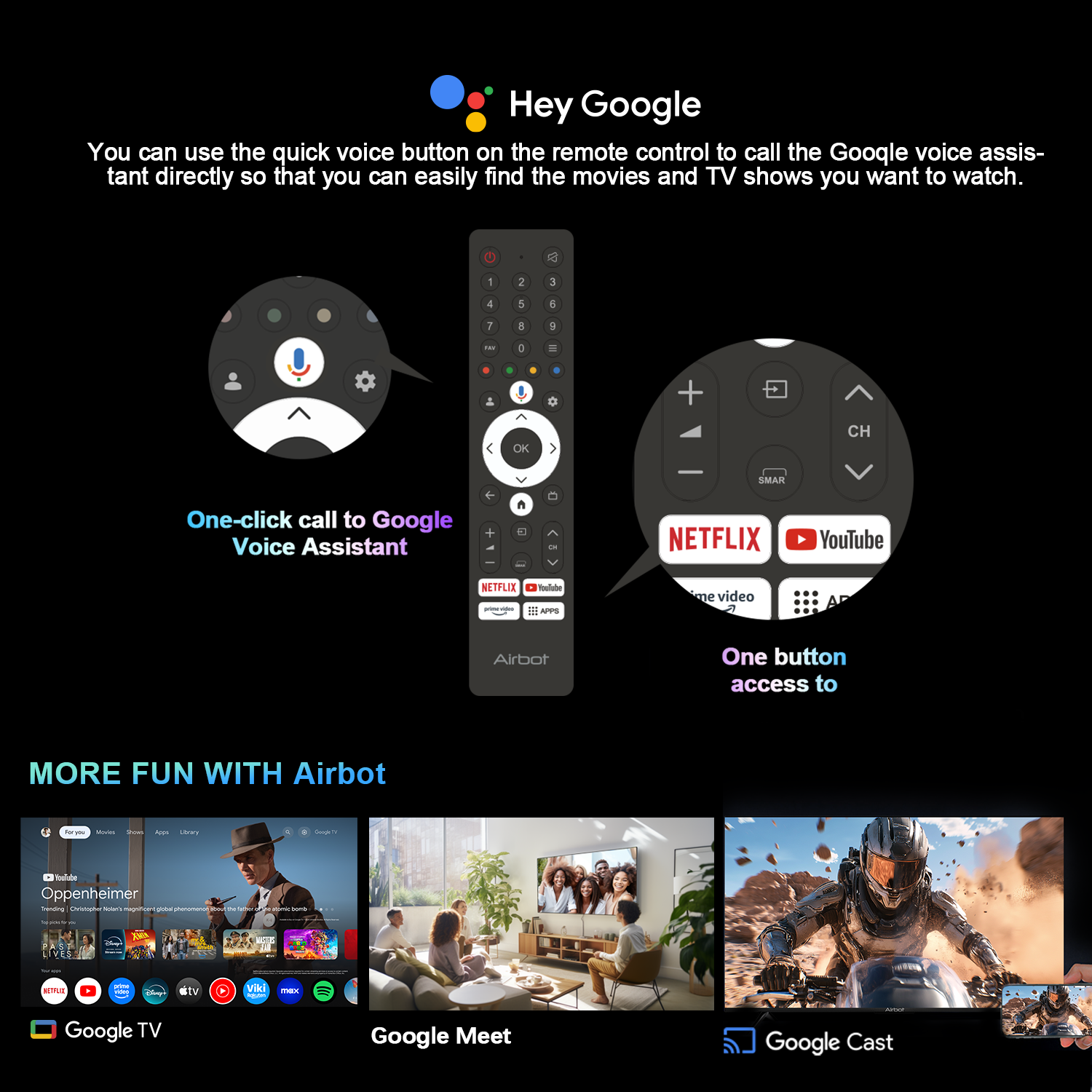 Airbot Singapore remote control features for 4K mini LED TV Singapore with Google Voice Assistant and streaming app shortcuts