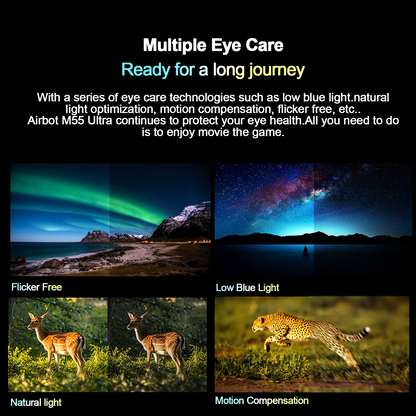 Airbot Singapore 4K mini LED TV Singapore showcasing eye care features with flicker free, low blue light, natural light, and motion compensation