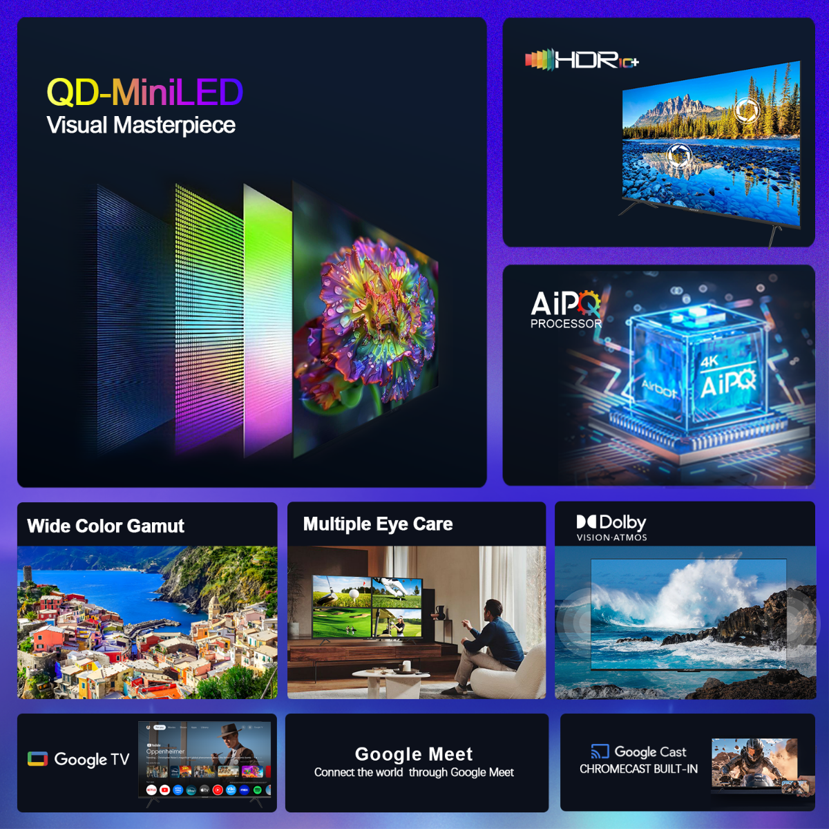 Airbot 4K mini LED TV Singapore with HDR, AiPQ processor, wide color gamut and Google TV features