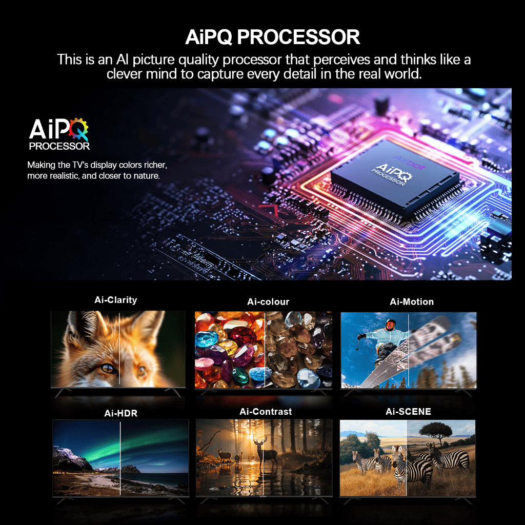 4K QLED Google TV Singapore featuring AiPQ processor enhancing color, clarity, motion, HDR, contrast, and scene details