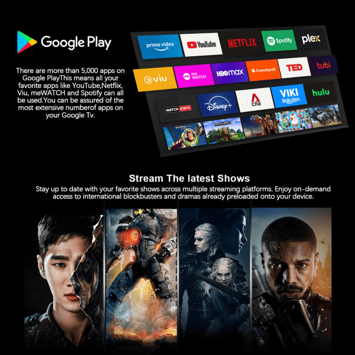 Airbot Singapore 4K QLED Google TV Singapore displaying streaming apps like Netflix YouTube and Disney plus