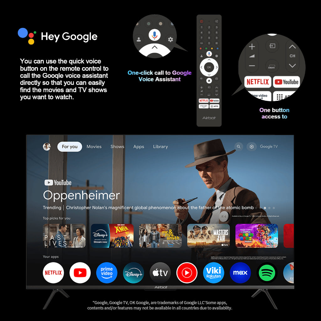 Airbot Singapore 4K QLED Google TV Singapore with voice assistant remote showing streaming apps interface