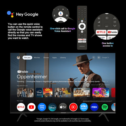 Airbot Singapore 4K QLED Google TV Singapore with voice assistant remote showing streaming apps interface