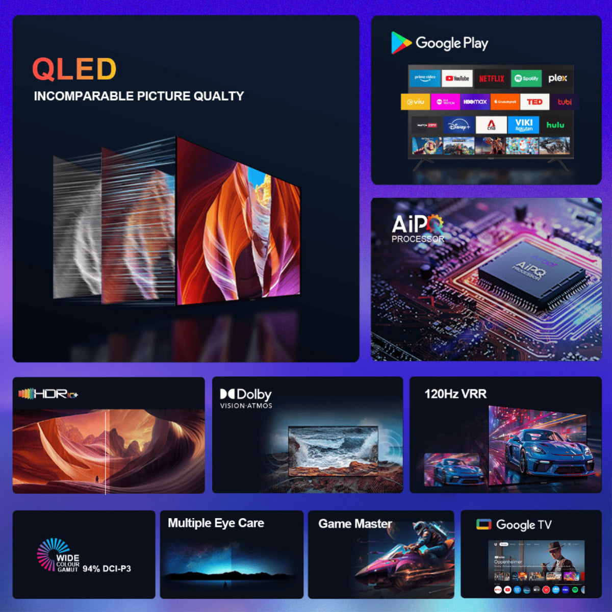 Airbot Singapore 4K QLED Google TV Singapore with AI processor HDR Dolby Vision 120Hz VRR and wide color gamut