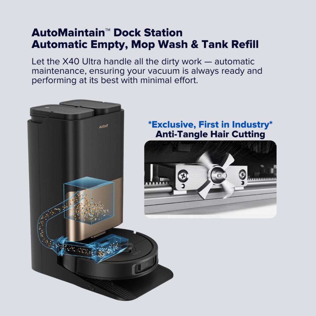 Airbot AI robot vacuum Singapore with AutoMaintain dock for automatic emptying and tank refill