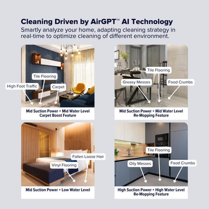 Airbot AI robot vacuum Singapore optimizing cleaning strategies for various surfaces and mess types