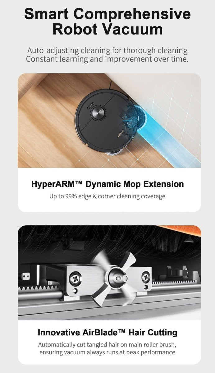 Airbot AI robot vacuum Singapore with HyperARM Dynamic Mop and AirBlade Hair Cutting technology