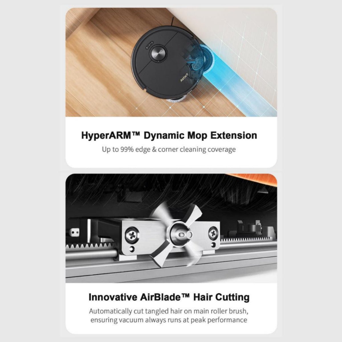 Airbot AI robot vacuum Singapore with HyperARM Dynamic Mop for effective cleaning coverage