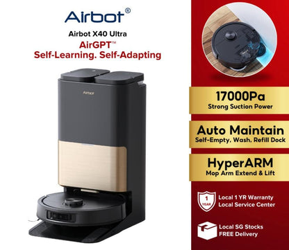 Airbot X40 Ultra AI robot vacuum Singapore with 1700Pa suction power and self-adapting features