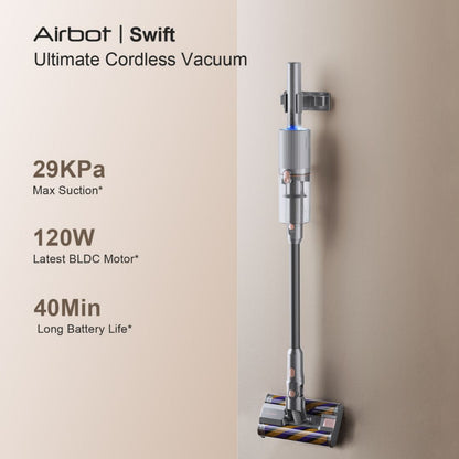 Airbot Swift Dual Roller vacuum cordless vacuum cleaner mounted on wall with 29KPa suction and 40min battery