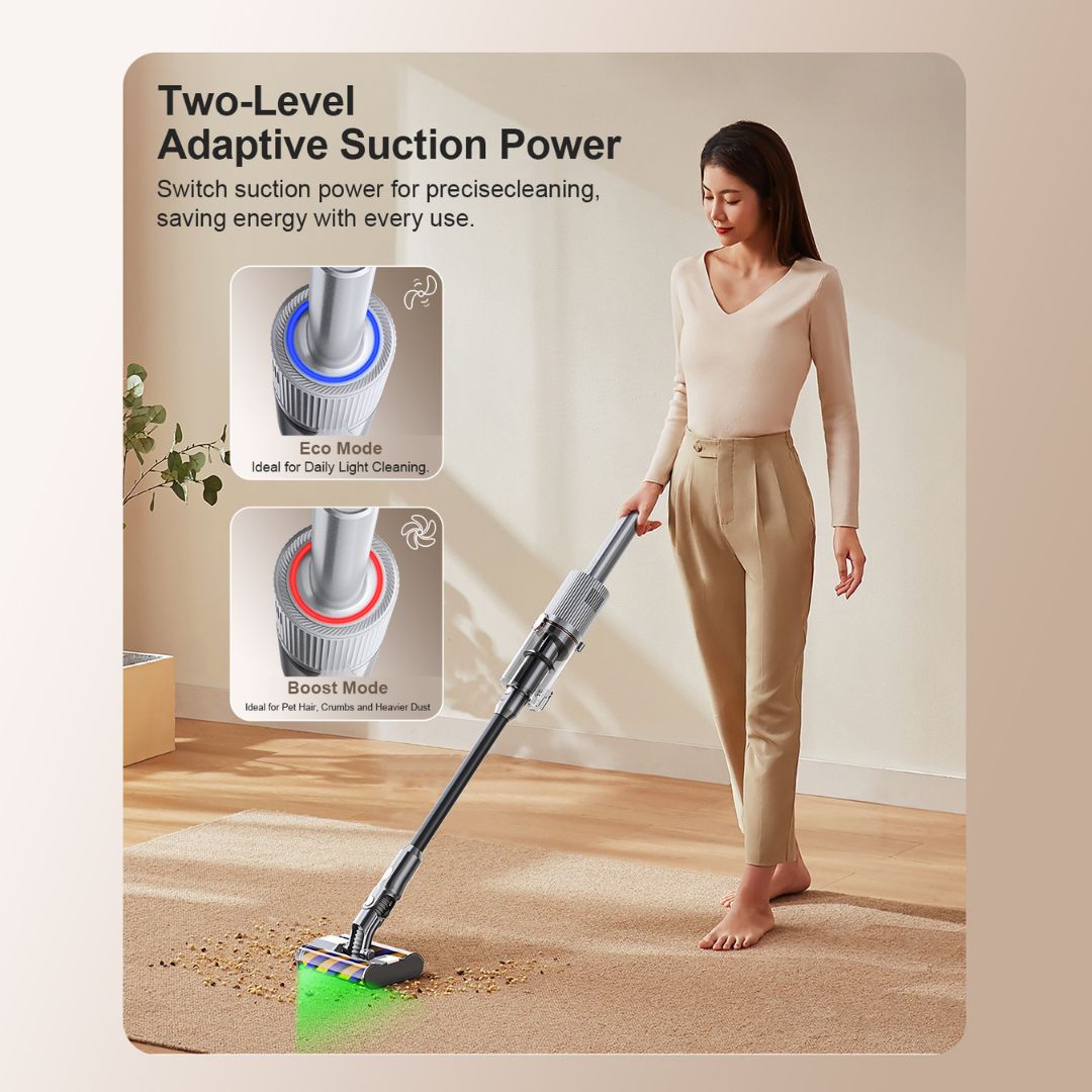 Woman using Airbot Swift Dual Roller vacuum cordless vacuum cleaner on carpet with adaptive suction power