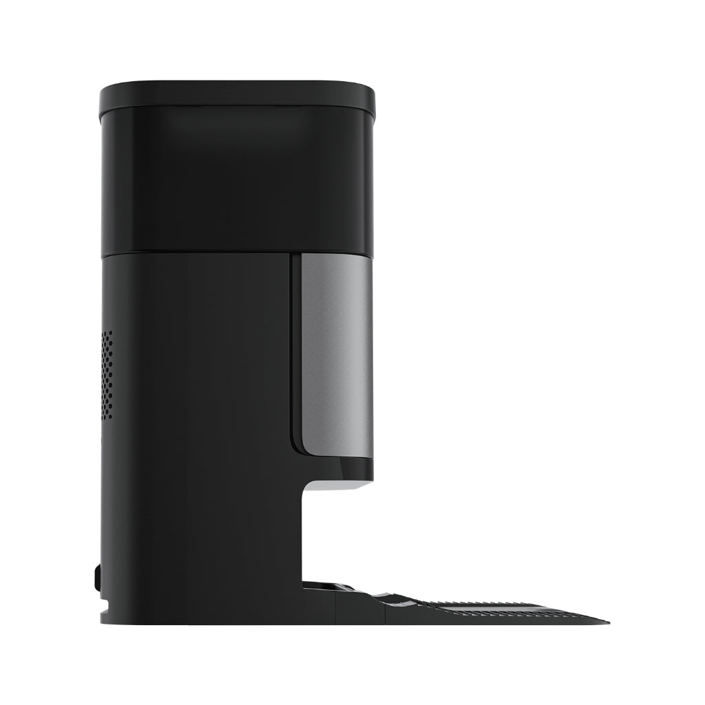 Black electronic device with a metallic accent on a white background