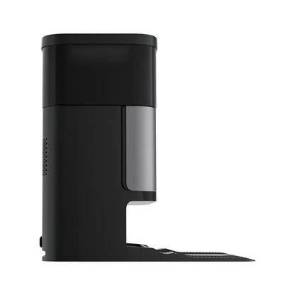 Black electronic device with a metallic accent on a white background