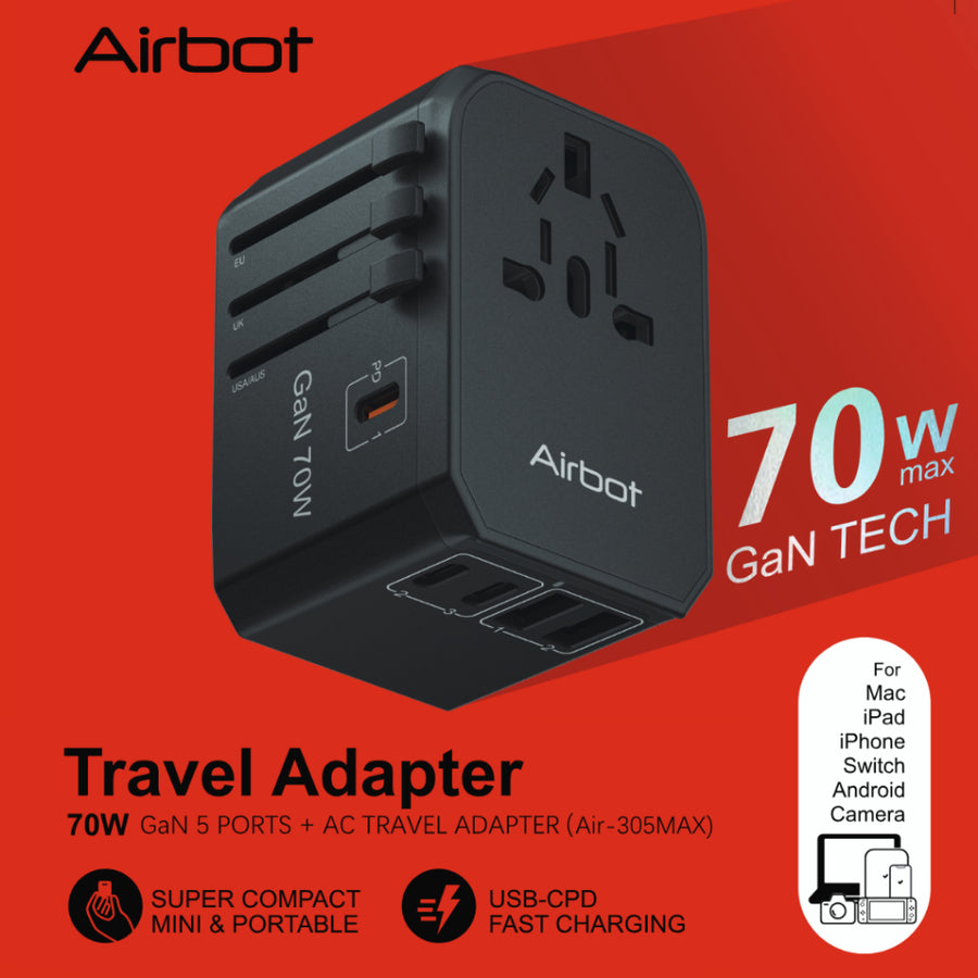 Airbot Air-305MAX Universal Travel Adapter 70W International Worldwide Multi Adapter with USB + Type-C PD