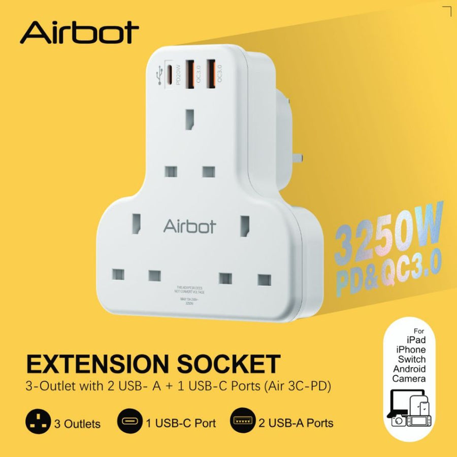 Airbot Air 3C-PD Multi Extension Socket 3250W 3 Way Socket Multi Power Adaptor with USB + Type-C PD