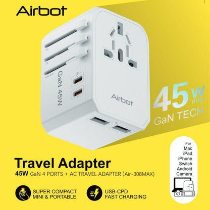 Airbot SingaporeAirbot 308MAX Universal Travel Plug Adapter 45W International Worldwide Multi Adapter with USB + Type - C PDAir - 308 MAX