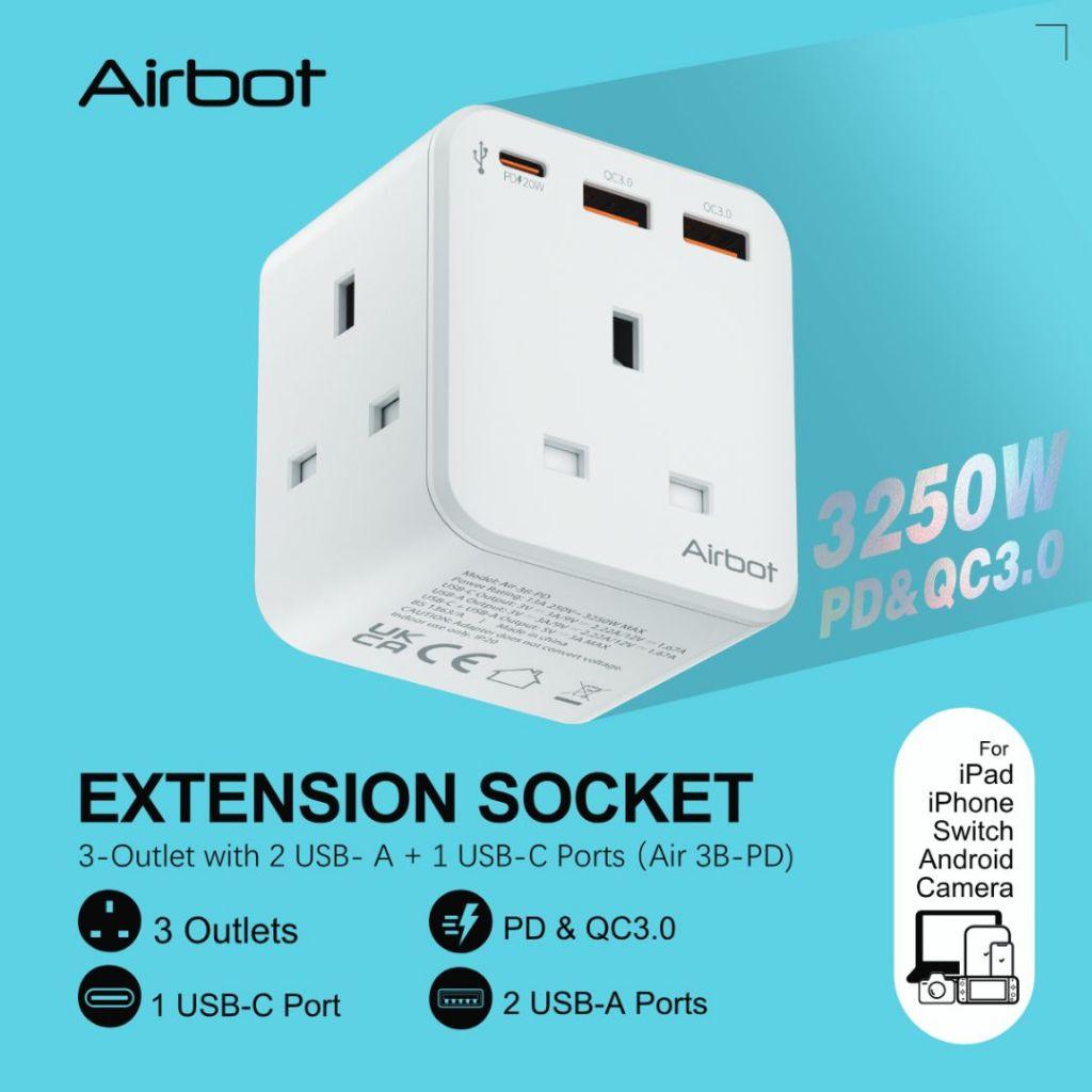 Airbot SingaporeAirbot 3B - PD Extension Socket 3250W 3 Outlets Socket Multi Power Adaptor with USB + Type - C PDAir 3B - PD