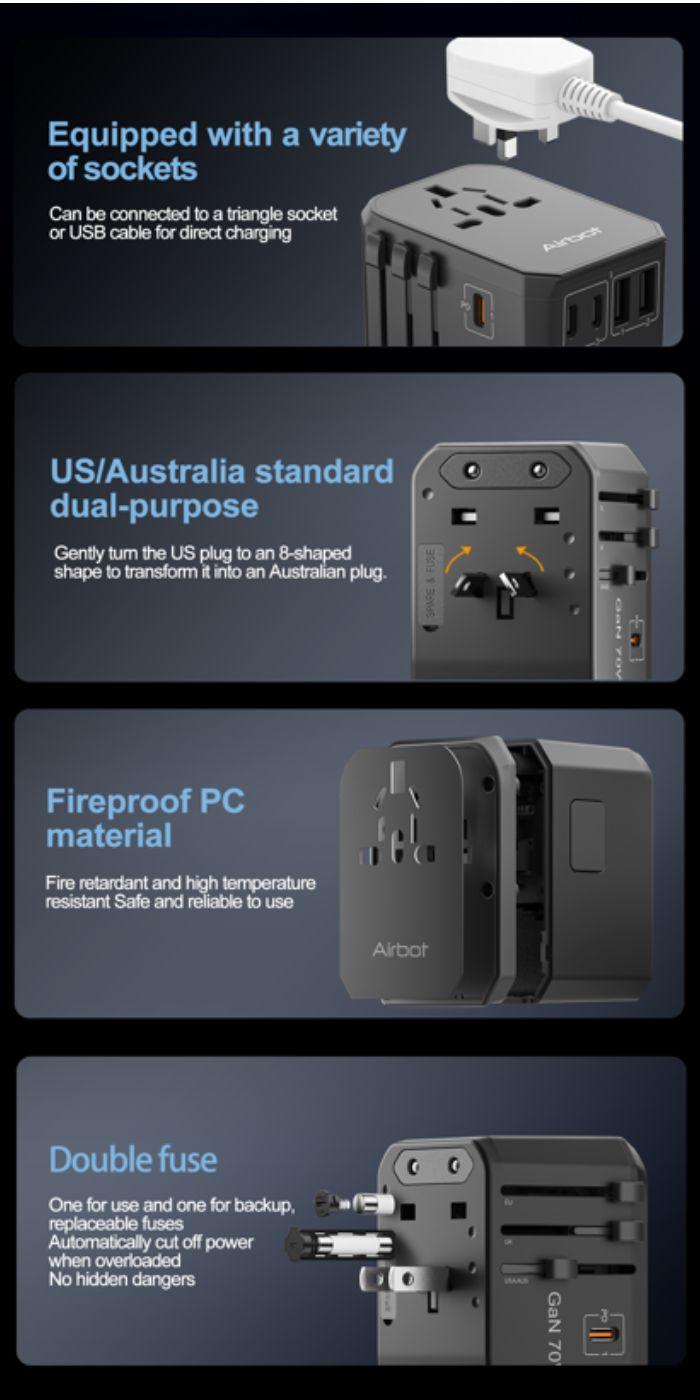 Airbot SingaporeAirbot 305MAX Universal Travel Adapter 70W International Worldwide Multi Adapter with USB + Type - C PDAir - 305 MAX
