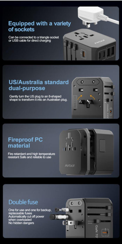 Airbot SingaporeAirbot 305MAX Universal Travel Adapter 70W International Worldwide Multi Adapter with USB + Type - C PDAir - 305 MAX