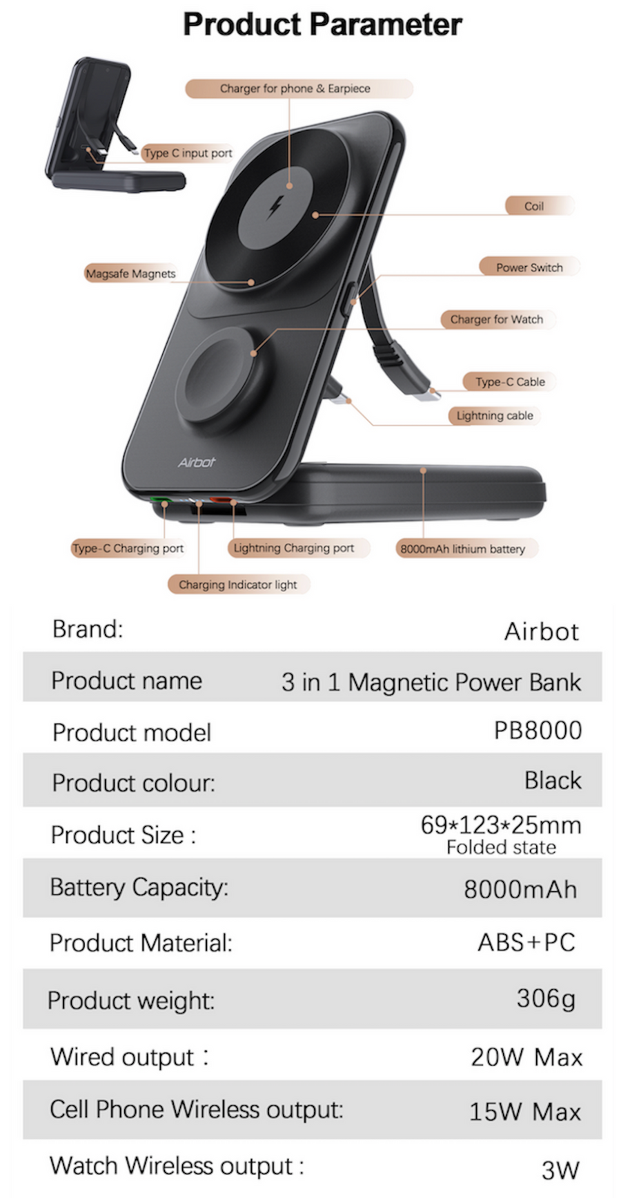 Airbot Power Bank 8000mAh with Magnetic Wireless Fast Charging Auto-Charge Support Wired Charging