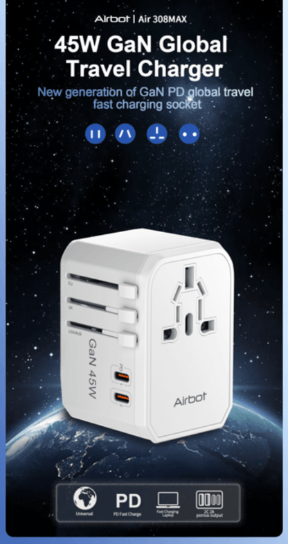 Airbot SingaporeAirbot 308MAX Universal Travel Plug Adapter 45W International Worldwide Multi Adapter with USB + Type - C PDAir - 308 MAX