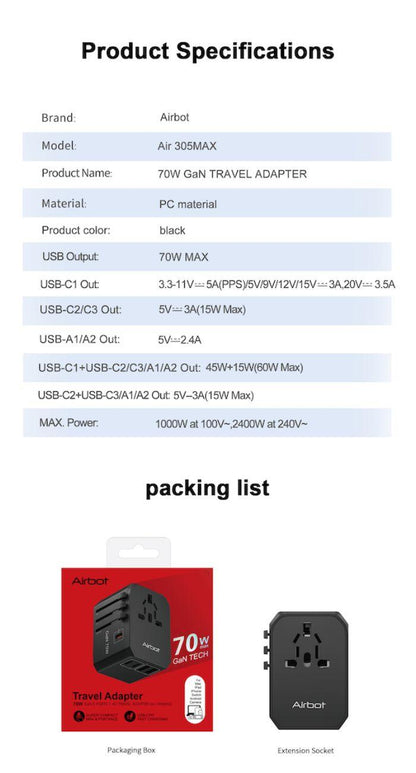 Airbot SingaporeAirbot 305MAX Universal Travel Adapter 70W International Worldwide Multi Adapter with USB + Type - C PDAir - 305 MAX