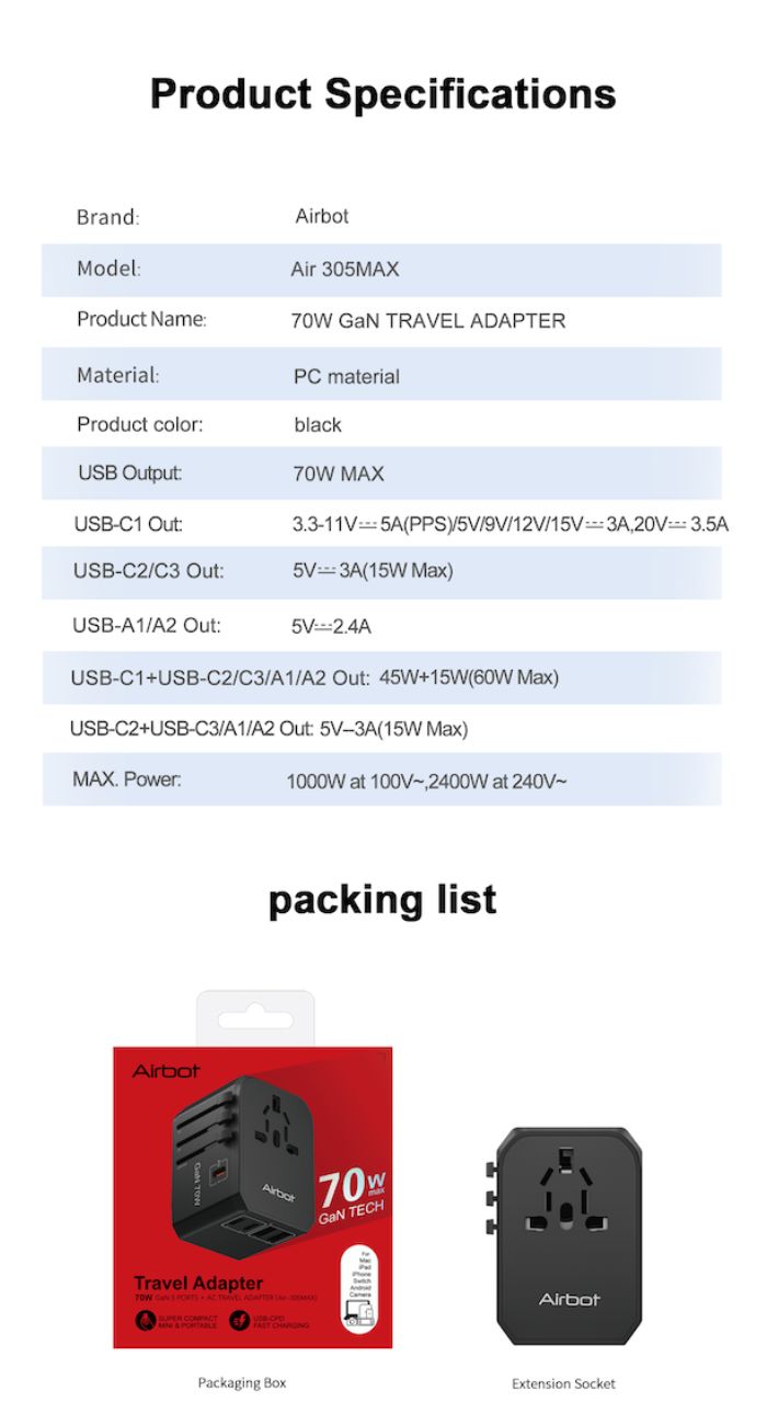 Airbot Air-305MAX Universal Travel Adapter 70W International Worldwide Multi Adapter with USB + Type-C PD