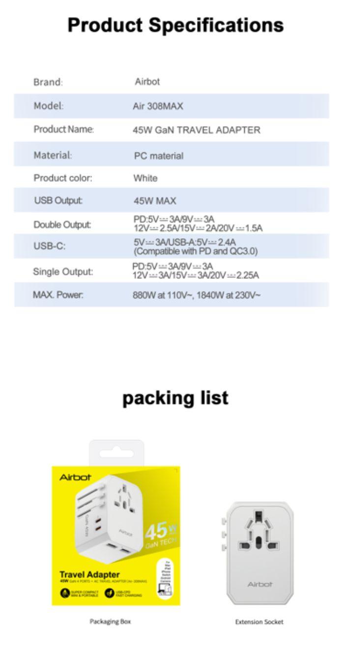 Airbot SingaporeAirbot 308MAX Universal Travel Plug Adapter 45W International Worldwide Multi Adapter with USB + Type - C PDAir - 308 MAX