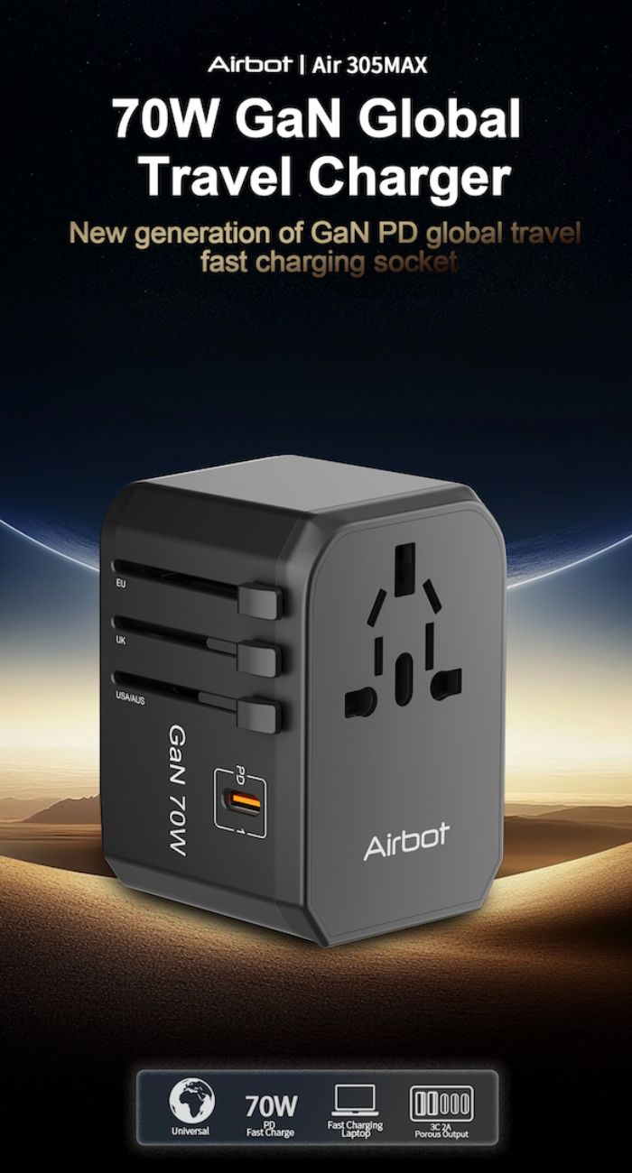 Airbot Air-305MAX Universal Travel Adapter 70W International Worldwide Multi Adapter with USB + Type-C PD